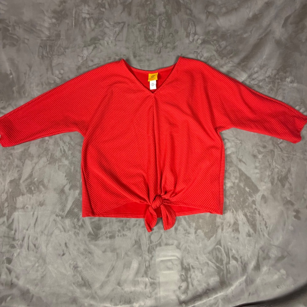 Ruby Rd Petite Red Textured Chevron V-Neck Front Tie Top PXL